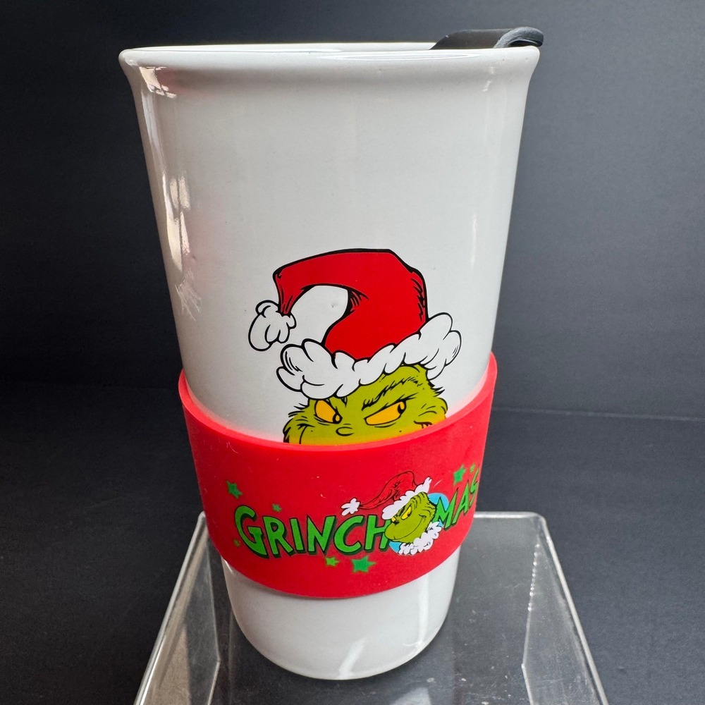 Dr Seuss The Grinch Ceramic Travel Mug with Silicone Sleeve and Lid White Red